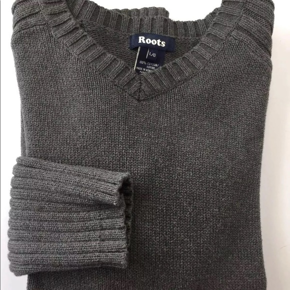 Roots Men V Neck Chunky Sweater Large Grey Cotton - Picture 11 of 13
